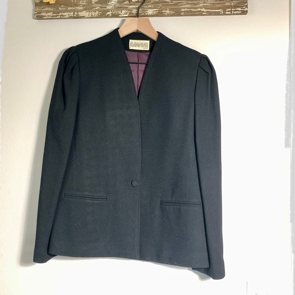 Vintage Gianni Sport Collar-less one button wool blazer pleated shoulder 7/8 Blk - Picture 8 of 8